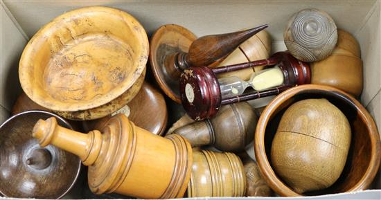 A group of assorted treen including ring stands, ornamental turning and a pounce pot